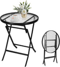 VINGLI Folding Glass Outdoor Side Table, 23.6 Inches Small Foldable Patio Bistro Table with Tempered Glass Table Top for Lawn & Garden, Balcony, Porch and Pool, Round