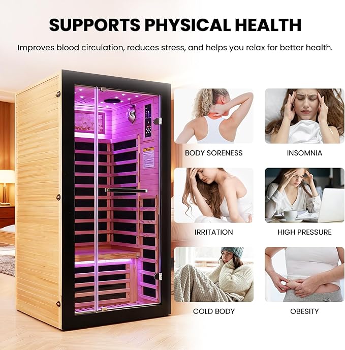 Sauna Indoor Far Infrared Saunas Home 1 Person Canadian Hemlock 1450W Low-EMF Dry Spa Sauna with Oxygen Bar, 26 Colorful Starry Sky Lights, 7 Heating Plates, Intelligent Control, Speaker - H5.9 ft