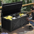 YITAHOME 120 Gallon Large Deck Box with X-Shaped Front, Resin Outdoor Storage Boxes, Waterproof Cushion Storage Bench for Patio, Pool Supplies, Garden Tools - Lockable, Black
