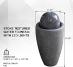 XBrand 25.98" H Round Stone Indoor/Outdoor Modern Stone Textured Sphere Water Fountain w/LED Lights, Ball Fountain Decor, Gray