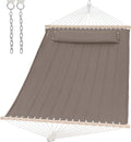 SUNCREAT Double Quilted Hammock with Hardwood Spreader Bar, Extra Large Soft Pillow, Heavy Duty 2 Person Hammock for Indoor, Outdoor, Brown