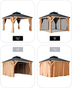 GAOMON Hardtop Spruce Wood Gazebo 12'x12', with Double Roof of Metal Sheets, 4.7'' Heavy Duty Poles, Net, and Curtain, Permanent Building for Patio, Deck, Backyard, Lawn, and Garden, Khaki