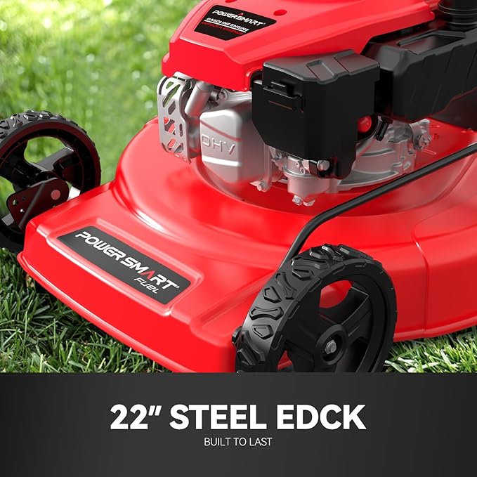 PowerSmart Self Propelled Gas Lawn Mower, 22 in. 170cc OHV Engine 2-in-1 Rear Wheel Drive, High Wheels, 6-Position Height Adjustment