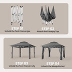 Bealife 11x11 Pop Up Gazebo Tent with Mosquito Netting, Outoor Canopy Tent with 4 Sandbags, 8 Stakes, 4 Ropes, Roller Bag, Pop Up Canopy Tent for Lawn Backyard Garden Deck, Grey