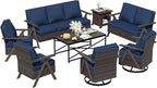 8 Pieces Patio Furniture Set,Outdoor Loveseat Sofa & High Back Swivel Rocker Patio Chairs, Wicker Conversation Set with Coffee Table and Side Table for Deck Yard and Poolside