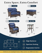 HILLGA Luxury Patio Furniture Set with 6-inch Thick Cushion, Outdoor Loveseat and High Back Swivel Rocker Patio Chairs, 6PCS Wicker Conversation Set for Deck Yard and Poolside, Blue (V2)