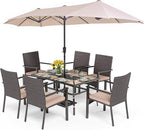 PHI VILLA 7 Pieces Outdoor Dining Set with Umbrella for 6, Rectangular Wood-Top Metal Table & Wicker Chairs with Cushions & 13ft Beige Umbrella, Modern Dining Furniture Set for Patio,Deck,Backyard