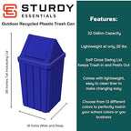 32 Gallon Square Slatted 100% Recycled Plastic Indoor or Outdoor Commercial Trash Can with Easy Access Swing Top Lid | Great for Schools and Businesses - Blue
