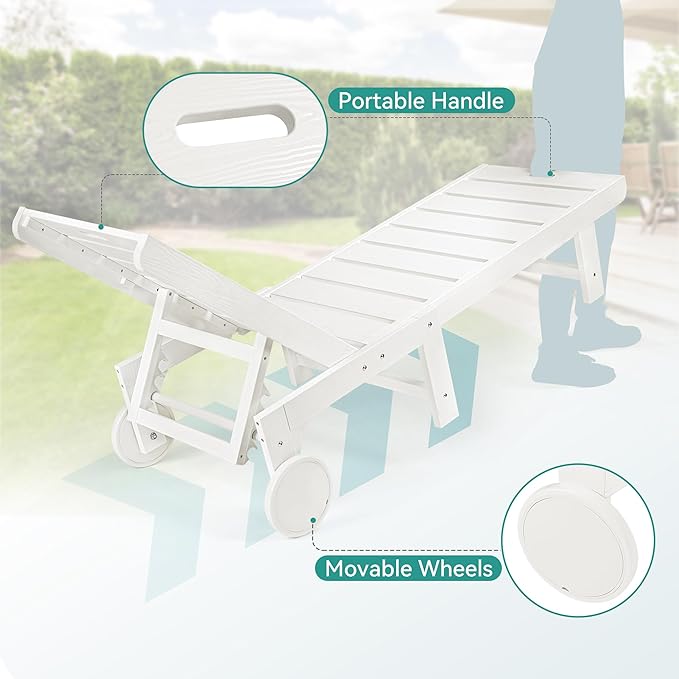 Outdoor Chaise Lounge Chairs Set of 2, 2-Piece, 26.8” Super Wide Lounge Chair Outdoor, HDPS Pool Chairs with 5 Positions, Patio Lounge Chair with Wheels for Pool,Lawn,Backyard, White
