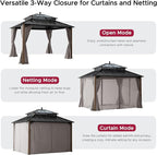 SUNJOY Kingston 12' x 10' Hardtop Gazebo with Galvanized Steel/Polycarbonate Double Roof, Curtain and Netting, Woodgrain Finish Aluminum Posts Permanent Pavilion Gazebo for Garden, Patio, Deck, Lawn