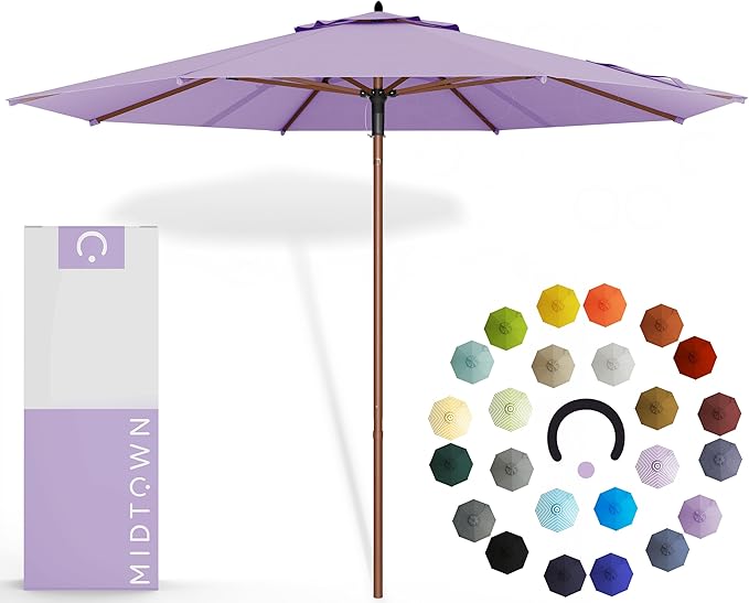 Midtown Umbrellas The Wooden 10 Feet Patio Umbrella With Terylast Midtown Purple Polyester Fabric - Aluminum Frame Market Umbrella For Backyard, Deck, Garden, Pool - Wooden Pole