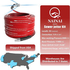 NaiNai 50FT Sewer Jetter Kit for Pressure Washer,1/4 Inch NPT Sewer Jetting Hose,Pressure Washer Drain Cleaner Hose 5800PSI with Sewer Jetter Nozzles, Gloves, Waterproof Tape, Apron (50FT)