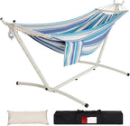 LazyDaze Hammocks Double Hammock with Stand - 2 Person Heavy Duty Outdoor Hammock for Adults, Includes Durable Steel Stand, Portable Carrying Bag and Pillow, Blue Stripes