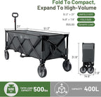 Timber Ridge 51.2'' Extended Collapsible Wagon Cart, 500LBS Heavy Duty Foldable Utility Wagon with Adjustable Handle, 400L Capacity Portable Cart with Cargo Net for Camping Sports Shopping-Grey