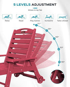 Outdoor Lounge Chair Set of 4, All Weather Patio Chaise Lounge Chair for Outside, HDPE Chair with Rolling Wheels & Cup Holder, 5 Position, Deck, Pool, Red