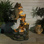 4-Tiers Cascading Outdoor Water Fountain, 31.9'' Tall Duck & Wooden Bucket Stump Waterfall Garden Fountains with LED Lights & Pump Water Feature Resin for Patio, Deck, Yard, Home Decor
