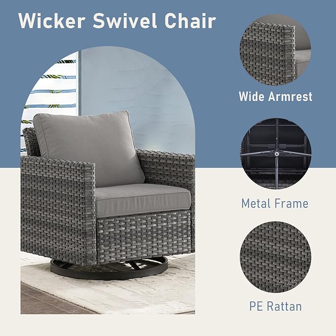 Luxury Outdoor Swivel Rocker Patio Chairs Set of 2, Swivel Patio Chairs for Porch, Yard, Deck, Poolside, Grey/Grey