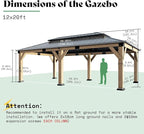 AMERLIFE 12x20 ft Hardtop Gazebo, Spruce Wood Gazebo with Iron Double Roof, Outdoor Pergola with Wood Frame for Garden, Porch, Patio, Charcoal Gray + Brown Gray