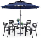 PHI VILLA 5 Piece Outdoor Dining Set with 10ft Umbrella, 37" Square Metal Dining Table & 4 Stacking Metal Chair with 3 Tier Navy Umbrella for Patio, Deck, Yard, Porch