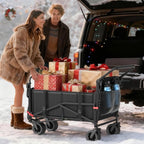 LEVELEVE Heavy Duty Folding Wagon - 2-in-1 Collapsible Cart, 650lb Capacity, All-Terrain Wheels w/Brakes & Side Pockets (Black)