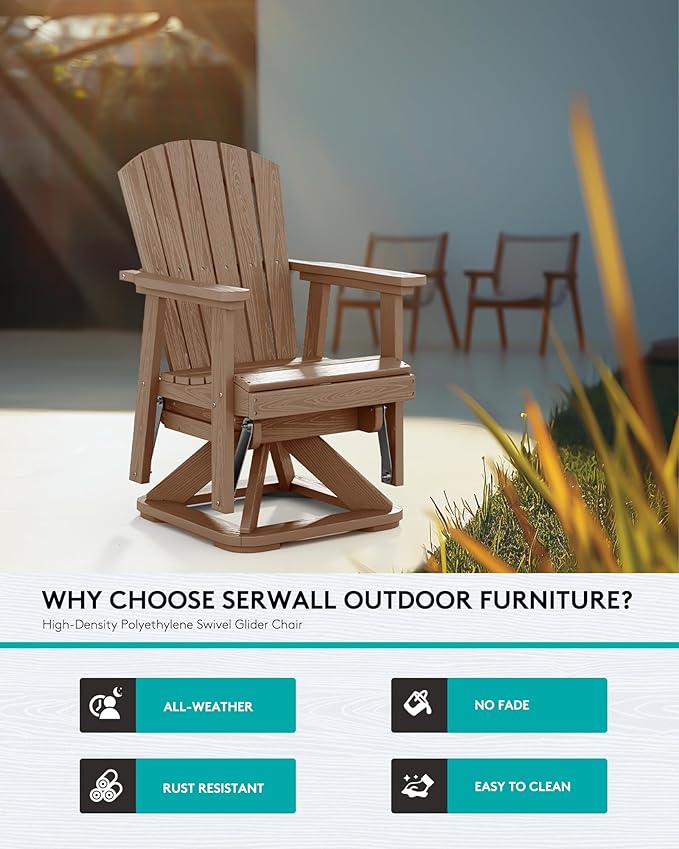 SERWALL Adirondack Swivel Glider, HDPE Swivel Glider for Outdoor, All-Weather Glider Rocking Chair for Porch, Balcony, Brown