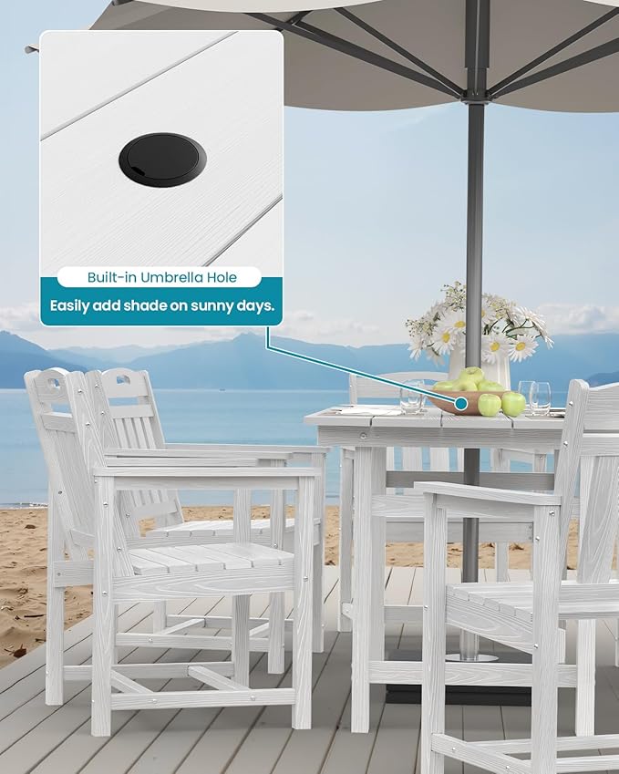 Ciokea HDPE Outdoor Dining Set 5-Piece Patio Table and Chairs with Umbrella Hole, All-Weather Patio Dining Set for 4, Durable Patio Furniture Set for Backyard, Garden, Lawn & Poolside, White