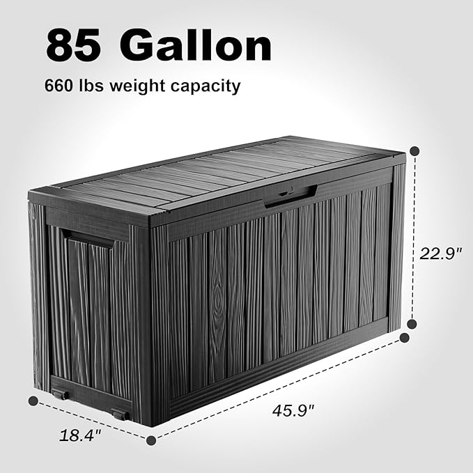 Outdoor Storage Box with Wheels – 85 Gallon Mobile Waterproof Resin Deck Box, Lockable Storage for Patio Cushions, Garden Tools, Pool Accessories – UV-Resistant Storage Bench for Backyard & Deck