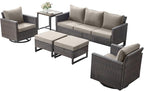 Rilyson Wicker Outdoor Patio Furniture Set - 6 Piece Patio Conversation Set with 2 Swivel Rocker Chairs,2 Rattan Ottoman,1 Couch and 1 Metal Side Table for Outside Porch Deck Backyard(Brown/Grey)