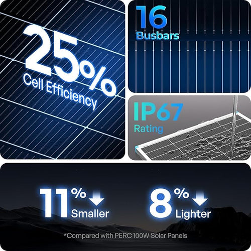 100W Solar Panel N-Type 16BB, 12V RV Solar Panel 100 Watt, 25% High Efficiency, Monocrystalline PV Module Solar Charger for Roof Boat Camping Van Trailer Cabin Off-Grid Applications