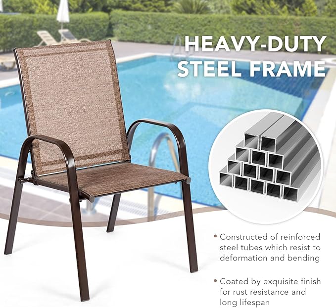 Tangkula 4 Piece Patio Dining Chairs, Outdoor Bistro Chairs W/Curved Armrests, Easy-to-Dry Fabric, Reinforced Steel Frame, Wide & Comfortable Camping Chairs for Garden, Poolside, Backyard (2, Brown)