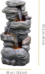 Teamson Home 39.37 in. Outdoor Faux Stacked Stone 4-Tier Water Fountain with LED Lights and Pump, Gray