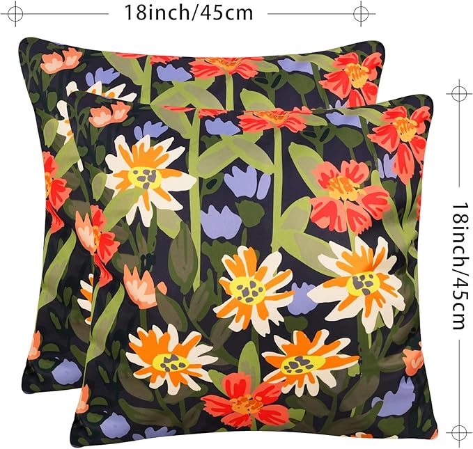 Pyonic Outdoor Pillows Waterproof Cover Pack of 2 Floral Waterproof Throw Pillows 18x18 inch for Patio Furniture Garden Furniture
