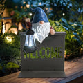 Garden Gnome Statues Outdoor Decor, Solar Gnome Sculpture Holding Lanterns Garden Gnomes Outdoor Decorations with Welcome Fence Base for Patio, Lawn, Yard Ornaments, Housewarming Gifts