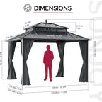SUNJOY Kingston 12' x 10' Hardtop Gazebo with Galvanized Steel Double Roof, Curtain and Netting, Gray Aluminum Posts Permanent Pavilion Gazebo for Garden, Patio, Deck, Lawn
