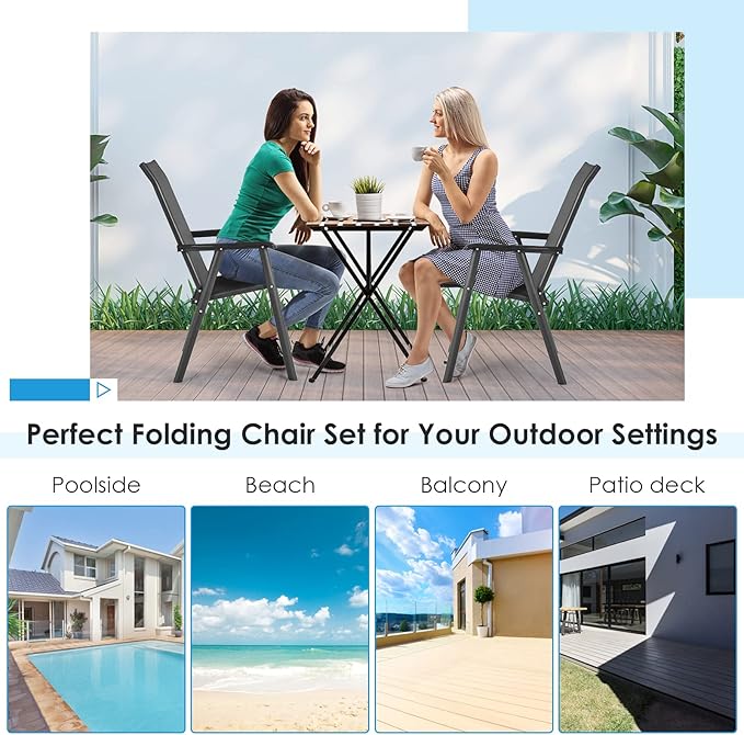 S AFSTAR Patio Chairs Set of 2, Outdoor Foldable Sling Chairs with Armrests, Folding Outdoor Chairs for Lawn Garden Backyard Poolside Porch (Black)