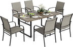 7-Piece Outdoor Dining Set 6 Brown Textilene Chairs and Steel Tabletop with Wood Grain Rectangle Table for Deck Garden Backyard Lawn Poolside