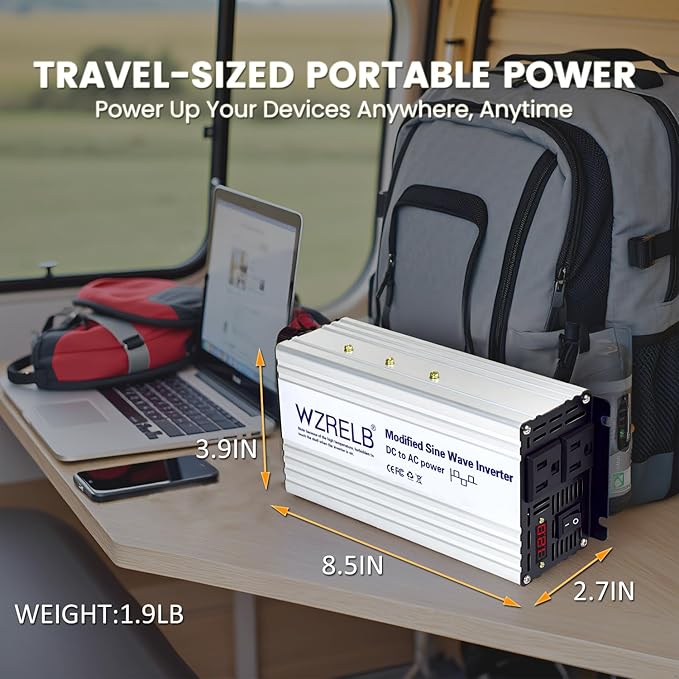 WZRELB 800W Power Inverter 12V DC to 110V 120V AC,1600W Peak Modified Sine Wave Car Inverter with LED Display,Dual AC Outlets,Soft Starter,Off-Grid Power Converter with High Efficiency up to 90%