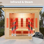4-Person Far Infrared & Steam Dual-System Sauna Room, Outdoor Canadian Hemlock Wood Sauna, WiFi Control, Red Light Therapy, 14 Heaters& Electric Stove, Left Door, 220-240V