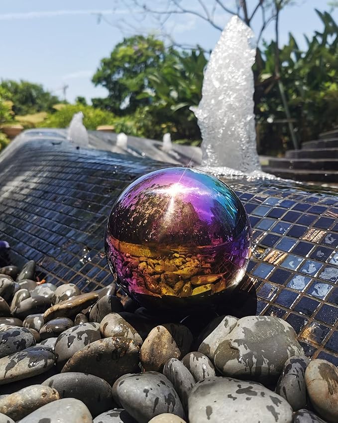 Rainbow Gazing Globe Mirror Ball in Stainless Steel, Shiny Hollow Sphere Sparkling Housewarming Outdoor Ornament (8 Inch)