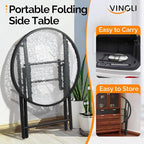 VINGLI Folding Glass Outdoor Side Table, 18 Inches Small Foldable Patio Bistro Table with Tempered Glass Table Top for Lawn & Garden, Balcony, Porch and Pool, Round