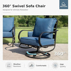 MFSTUDIO Metal Patio Conversation Sets, Outdoor Furniture Sofas Set of 2, 2 Pieces Durable Steel Frame Patio Swivel Chairs with 5.8" Peacock Blue Cushions for Patio Garden Backyard Balcony