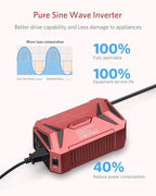 BESTEK Pure Sine Wave Power Inverter - 300W Car Plug in Charger Outlet DC 12V to 110V AC - Cigarette Lighter Adapter with 4.8A Dual USB Fast Charging Ports for Laptop - Aluminum Housing - Red