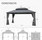 Domi 12'x16' Hardtop Gazebo Canopy,Outdoor Aluminum Gazebo with Galvanized Steel Double Roof,Permanent Gazebo with Drainage System,Curtain and Netting Included,Grey