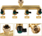 Heavy Duty Solid Brass 4 Way Hose T Tap Connection with 4 Individual On/Off Valve and Extended Handle, Garden Outdoor Pipe Tap Splitter