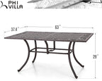 PHI VILLA Cast Aluminum Rectangular Patio Dining Tables for 6 Person, 64" x 37" Engraved Cast-Top Aluminum Table with 2.3" Umbrella Hole, Lawn Garden Tables for All Weather