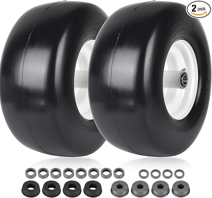 AR-PRO (2-Pack) 13x6.50-6 Flat Free Tire and Wheel - Universal 13x6.5-6 Solid Rubbe Riding Lawn Mower Tire with Rim - With 5.5"-7.8” Centered Hub and 3/4" Bearings extra 5/8" 1/2” Bushings