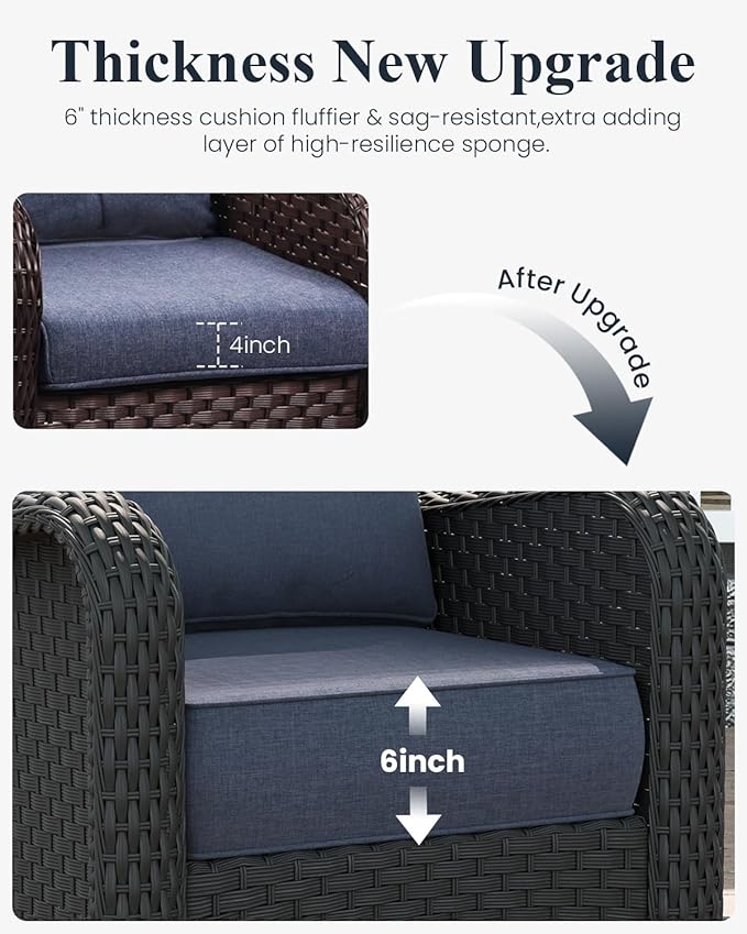 LayinSun 5 Piece Wicker Outdoor Furniture Set with 6-inch Comfy Cushions, High Back Patio Furniture Set with Swivel Rocking Chairs and Fire Pit Table