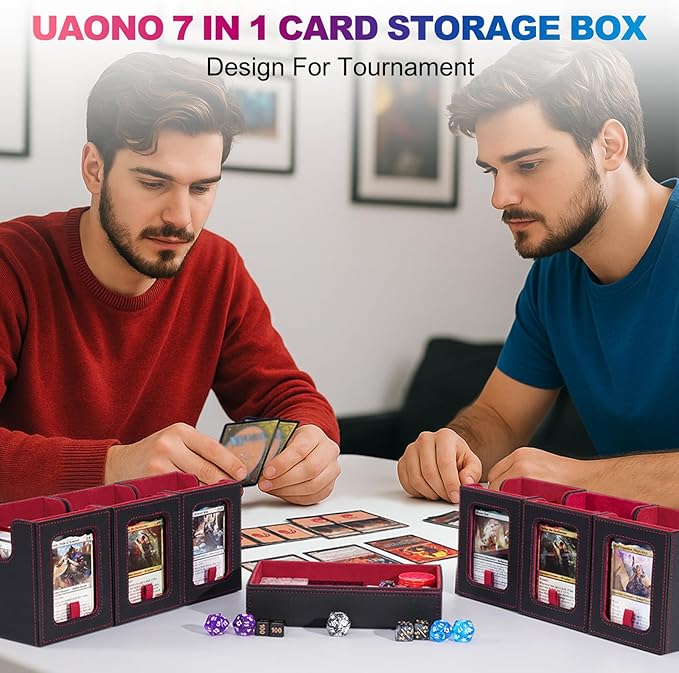 Commander Deck Box for MTG, 6-Deck Modular Card Case with Dice Tray Holds 600+ Double-sleeved Cards, Removable Trading Cards Storage Box with 35PT Magnetic Card Holders for TCG, Black Red