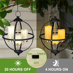 Battery Operated Outdoor Candle Chandelier - Black and Gold Metal Globe Hanging Pendant Light with 3 Flameless Candles, 12.6" Waterproof Lights for Gazebo, Pergola, Garden, Porch & Backyard