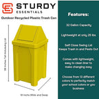 32 Gallon Square 100% Recycled Plastic Heavy Duty Outdoor Commercial Trash Can with Swing Top Lid | Great for Schools and Businesses - Yellow